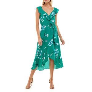 Socialite Ruffle Print Wrap Midi Dress Kelly Green Floral Women's Sz XS NWOT